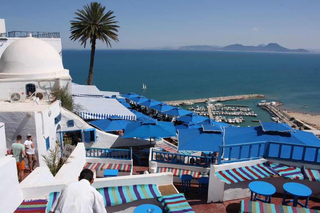 una vista de una playa y un puerto desde un balcón en Sidi Bou Said.
